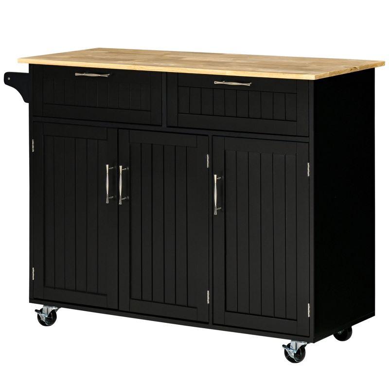HOMCOM Modern Kitchen Island Cart on Wheels with Storage Drawers, Rolling Utility Cart with Adjustable Shelves, Cabinets and Towel Rack, Black