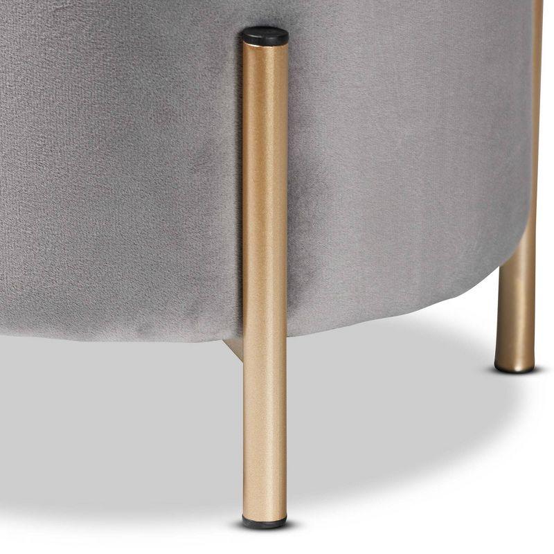 Luxe Grey Velvet and Gold Metal Round Ottoman