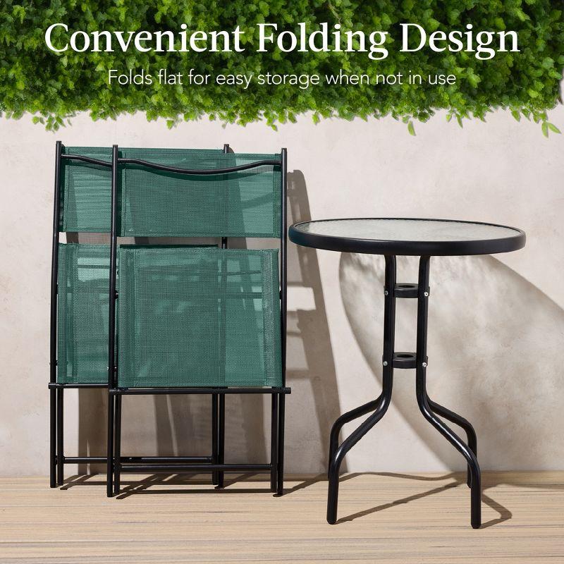 Best Choice Products 3-Piece Patio Bistro Dining Furniture Set w/ Glass Tabletop, Folding Chairs - Dark Green