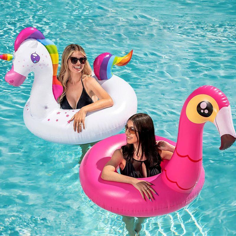 Joyfy 2 Packs Pool Floats Tube, Inflatable Unicorn Flamingo Pool Toys Floaties with Headrest, Pool Swim Ring for Kids Adults Beach Lake Summer Fun
