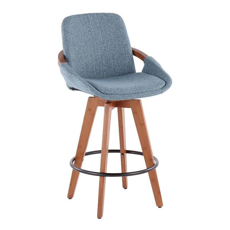 Walnut and Blue Mid-Century Modern Swivel Counter Stool