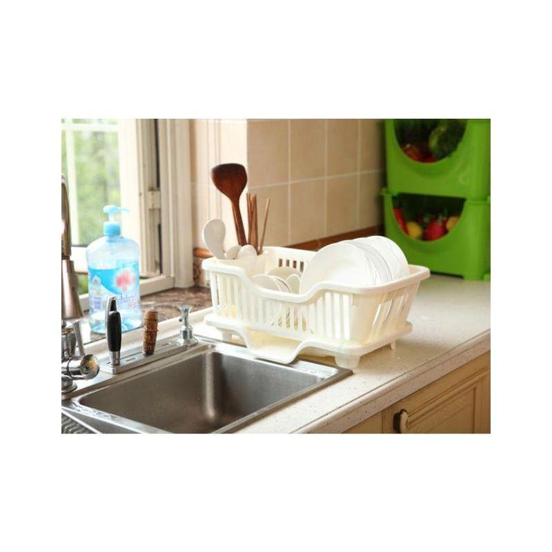 Basicwise Heavy Duty 2-Piece Plastic Dish Drying Rack Set in White - Includes Large Dish Drainer, Attached Drainboard, and Utensil Cup Holders