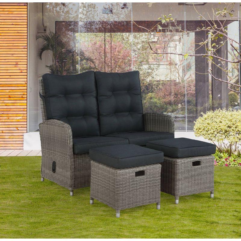 Monaco 3pc Set with 2 Seat Reclining Bench & 2 Ottomans - Gray - Alaterre Furniture: All-Weather Wicker, Aluminum Frame