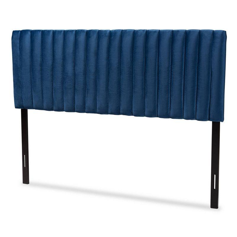 Emile Navy Blue Velvet and Dark Brown Wood Queen Headboard