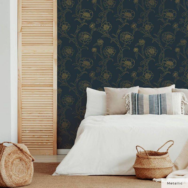 Tempaper & Co.® Peonies Removable Peel and Stick Wallpaper, Peacock Blue and Metallic Gold Floral, 28 sq. ft.: Vinyl Self-Adhesive