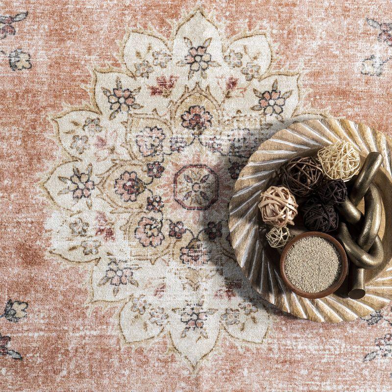 Nuloom Ren Medallion 6 Square Machine Washable Indoor Area Rug for Living Room Bedroom Dining Room Kitchen, Peach/Ivory