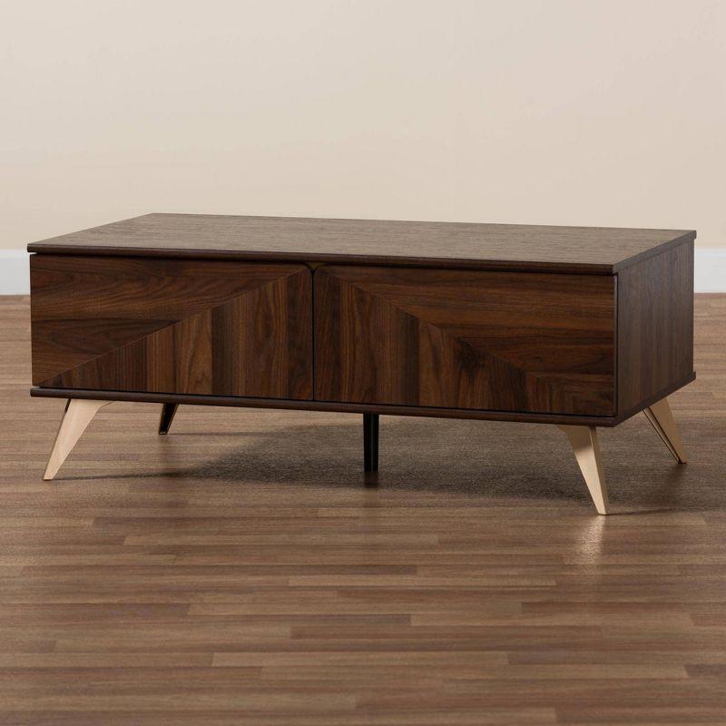 Graceland 2 Drawer Wooden Coffee Table Walnut Brown/Gold - Baxton Studio: Mid-Century Storage, Rectangular Shape