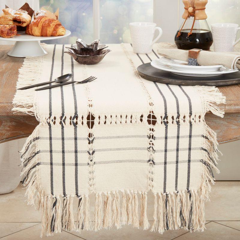 Beige Cotton Plaid Hemstitch Table Runner with Fringe