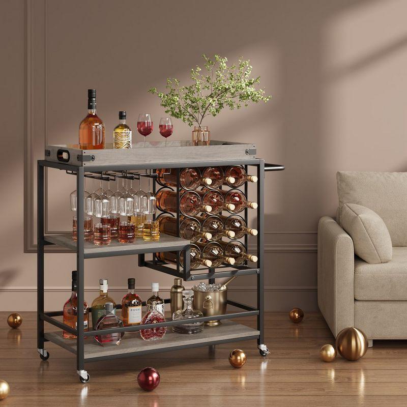 Retro Grey 3-Tier Rolling Bar Cart with Wine Rack and Glass Holder