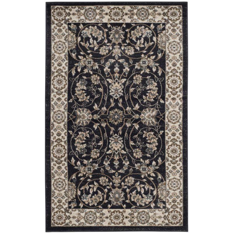 Anthracite and Cream Floral Border Rectangular Area Rug