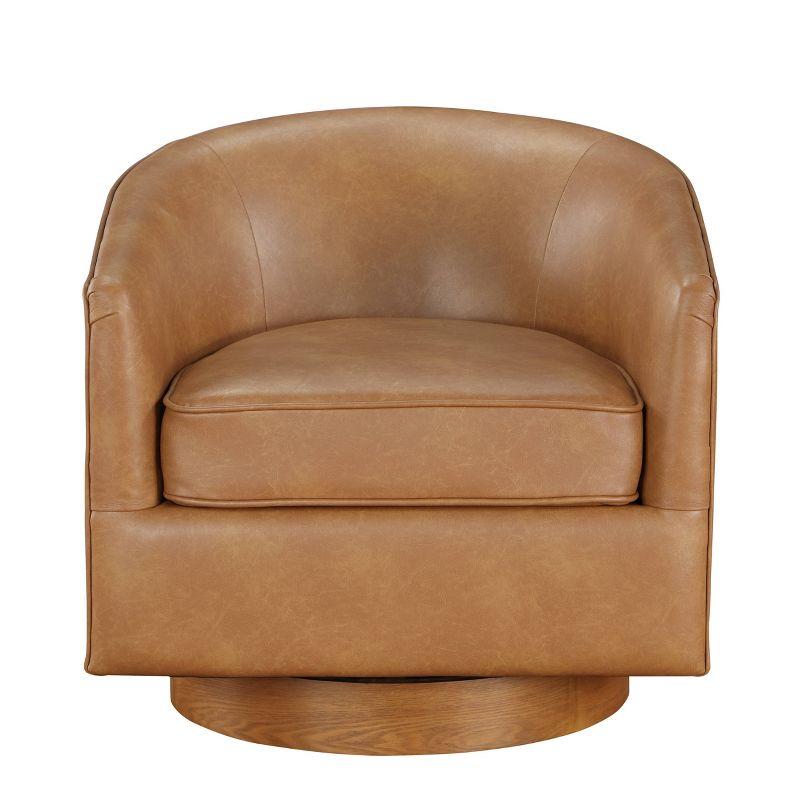 Saddle Brown Faux Leather Wood Swivel Barrel Chair