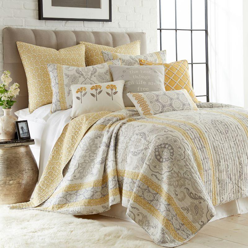 St. Claire - Embroidered Flower Decorative Pillow -  Gold, Grey, White - Levtex Home
