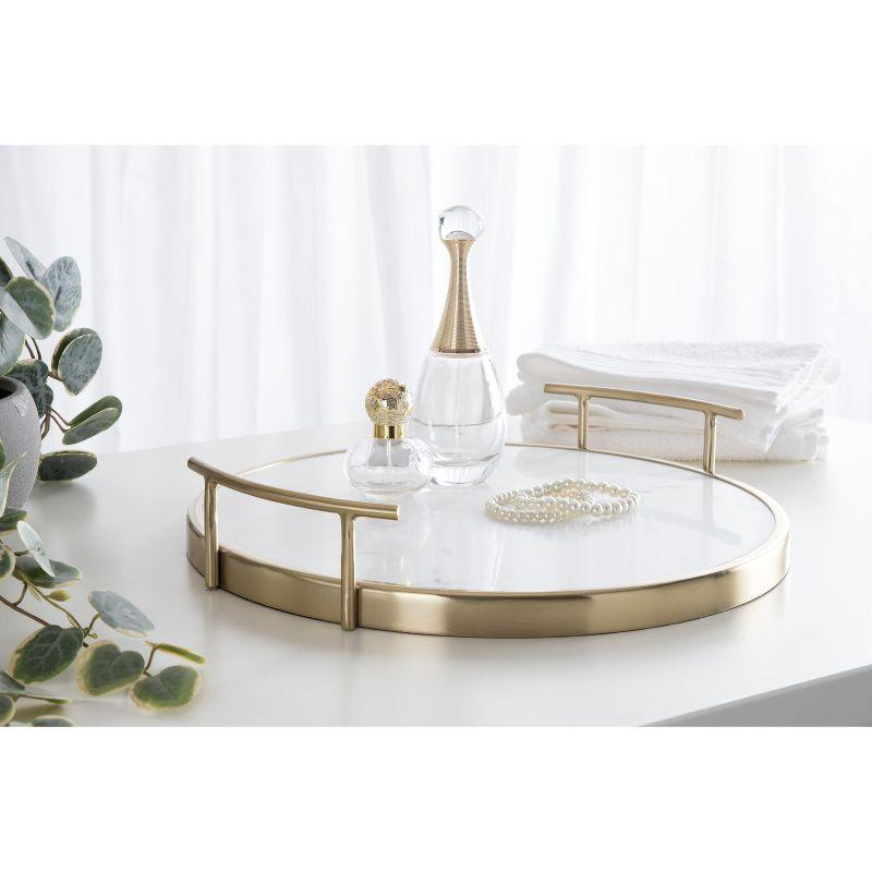 White Marble and Gold Round Metal Tray with Handles