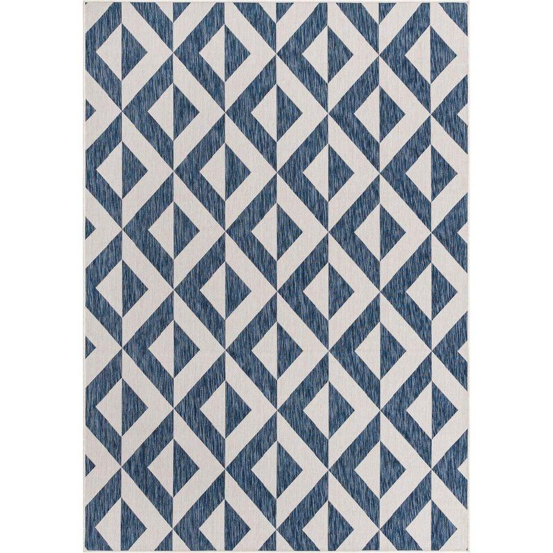 Reversible Geometric Blue Synthetic Outdoor Rug 7'1" x 10'