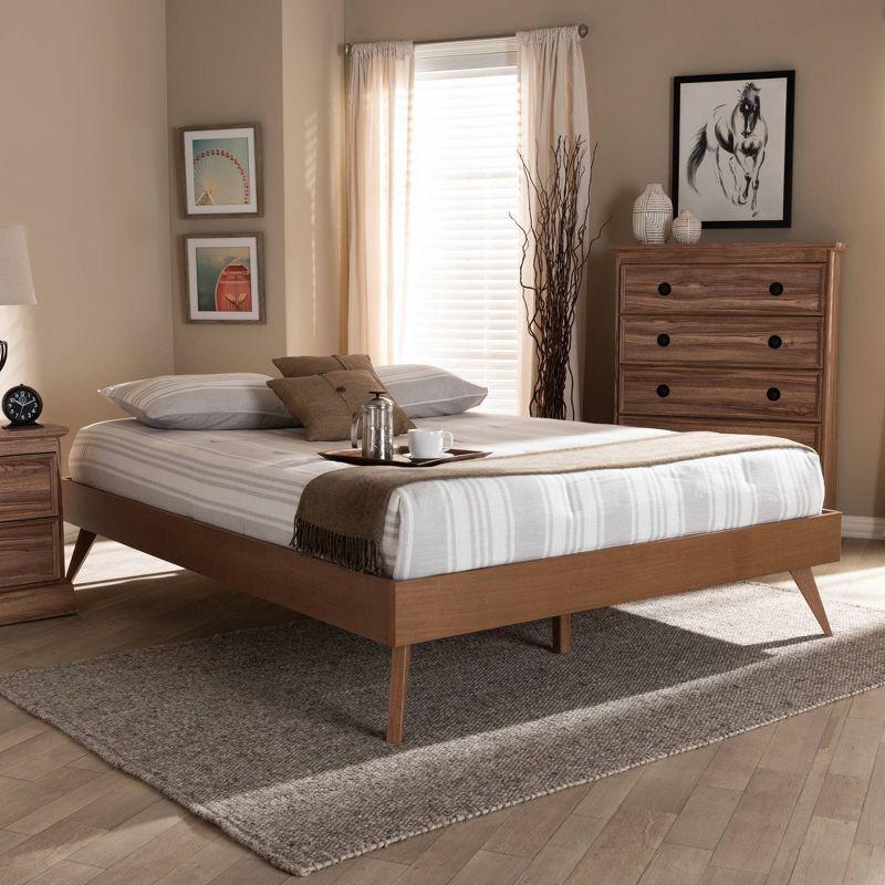 Mid-Century Modern Walnut Brown Queen Platform Bed with Tufted Upholstery