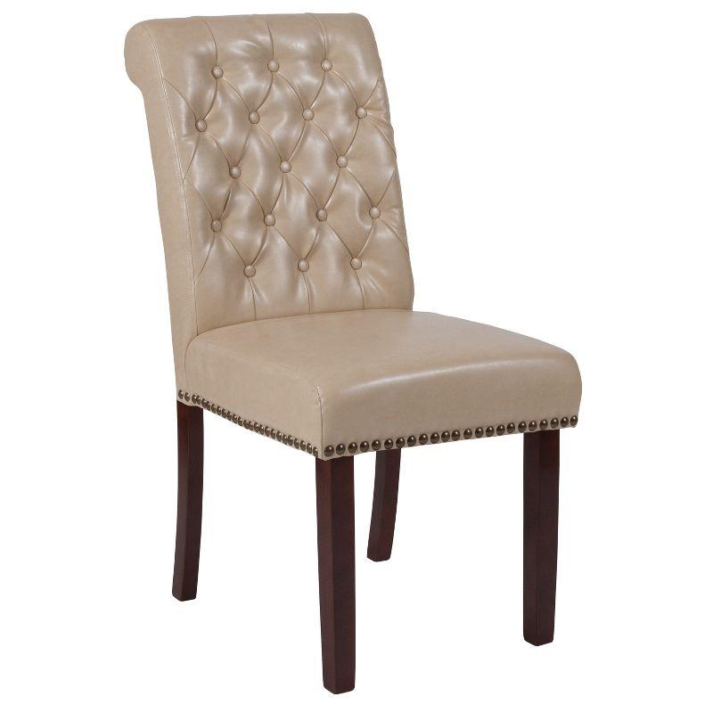 Beige Leather Parsons Side Chair Set with Walnut Legs