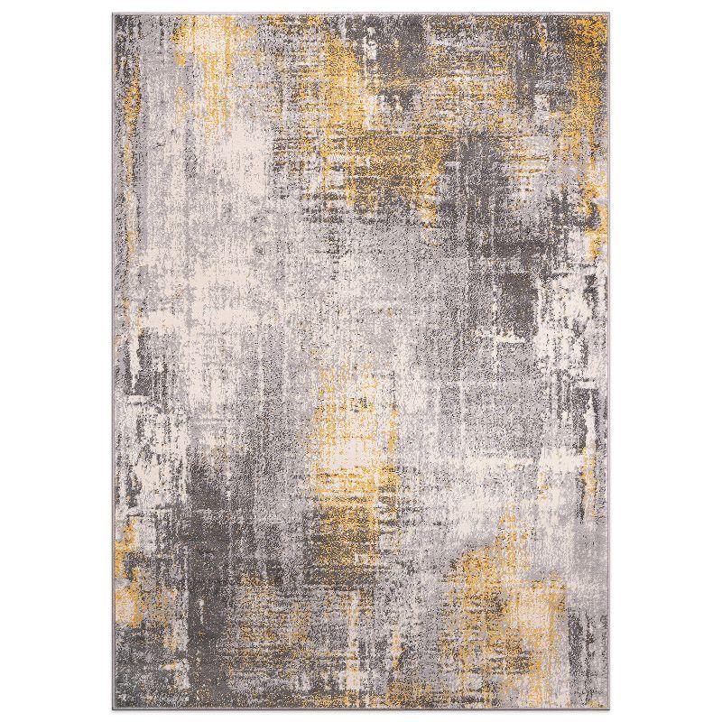 Yellow and Gray Abstract Stain-Resistant Synthetic Area Rug