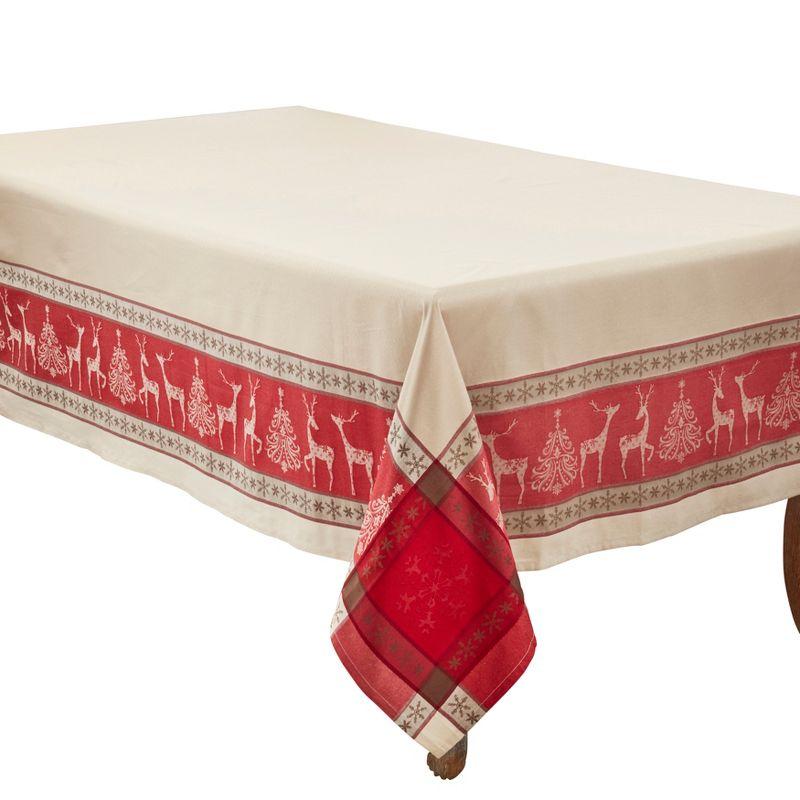 Red and Beige Jacquard Christmas Tablecloth with Reindeer Design