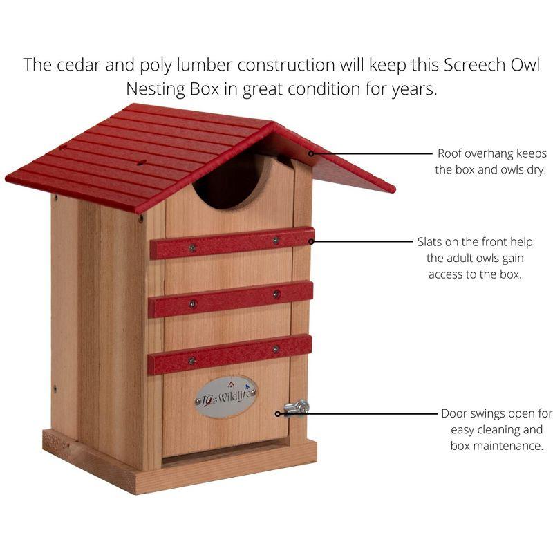 JCS Wildlife Screech Owl or Saw-Whet Owl House Cedar Nesting Box with Poly Lumber Roof - Screech Owl Nest Box - Made in the USA (Cardinal Red)