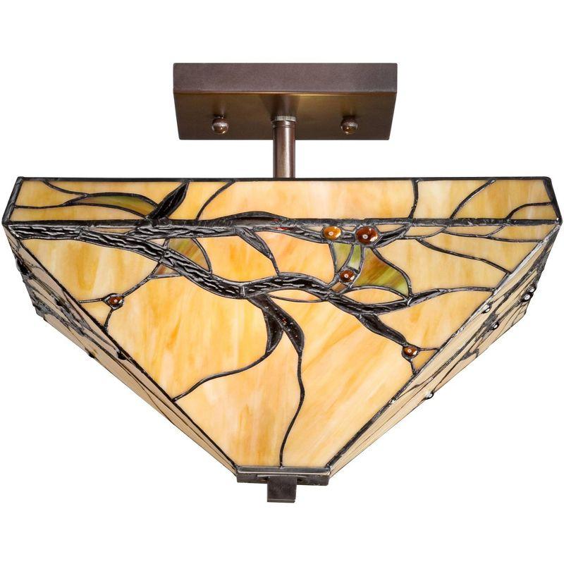 Robert Louis Tiffany Mission Rustic Ceiling Light Semi Flush Mount Fixture 14" Wide Bronze 2-Light Budding Branch Art Glass Shade for Bedroom Kitchen