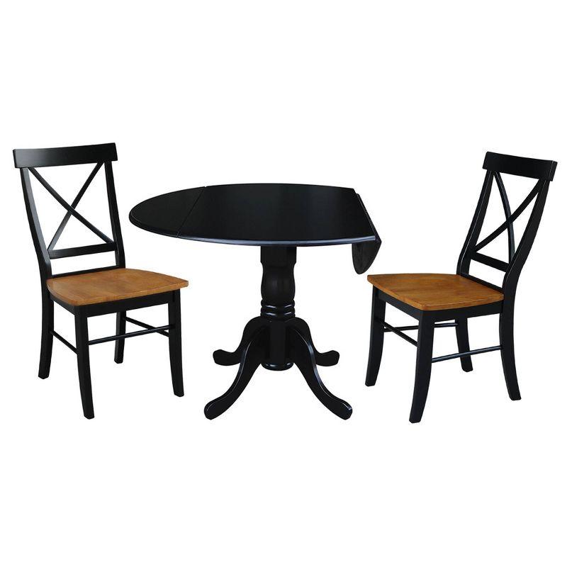 3pc Dining Set with a Dual Drop Leaf Dining Table and 2 Cross Back Dining Chairs Black/Cherry - International Concepts: Compact, Space-Saving Design