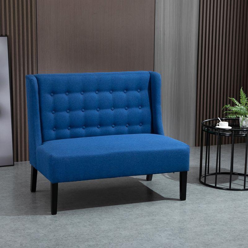 HOMCOM Wingback Double Sofa Linen Fabric Upholstery Button Tufted Loveseat Armless Couch Modern Contemporary Living Room Settee with Wood Legs, Blue