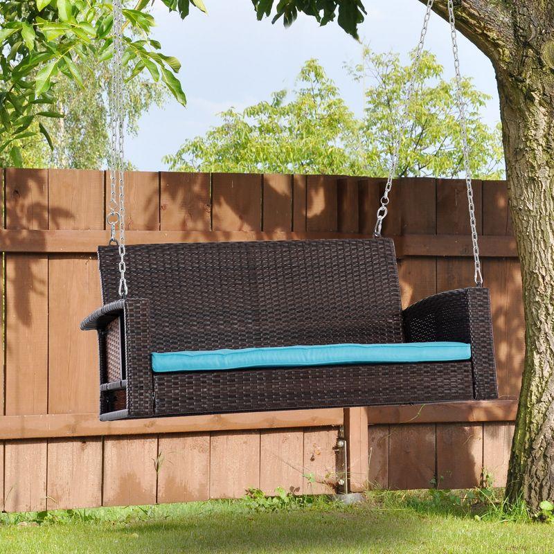 Outsunny 2-Person Wicker Hanging Porch Swing Bench, Front Porch Swing Outdoor Chair, Cushions 550lbs Weight Capacity for Backyard, Garden, Sky Blue