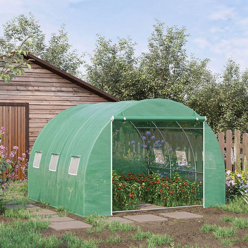 Outsunny 10' x 10' x 6.5' Walk-in Tunnel Hoop Greenhouse, Polyethylene PE Cover, Steel Frame, Roll-Up Zipper Door & Windows for Flowers, Vegetables