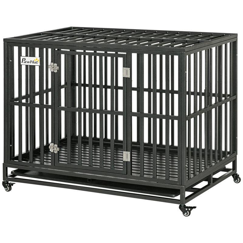 PawHut Heavy Duty Dog Cage Metal Kennel and Crate Dog Playpen with Lockable Wheels, Slide-out Tray and Anti-Pinching Floor