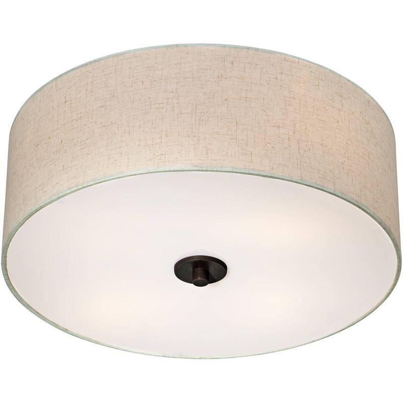 Regency Hill Sylvan Modern Ceiling Light Flush Mount Fixture 18" Wide Bronze 4-Light Oatmeal Fabric Drum Shade for Bedroom Kitchen Living Room Hallway