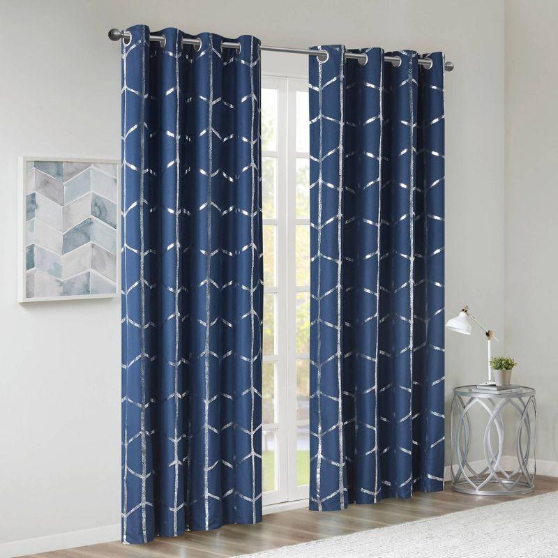 63"x50" Arielle Total Blackout Metallic Printed Curtain Panel Navy: Intelligent Design, Geometric Grommet Top, Energy Efficient