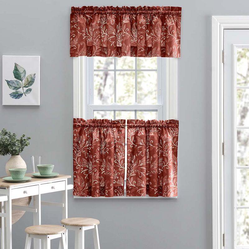 Brick Red Leaf Pattern Polyester Rod Pocket Valance