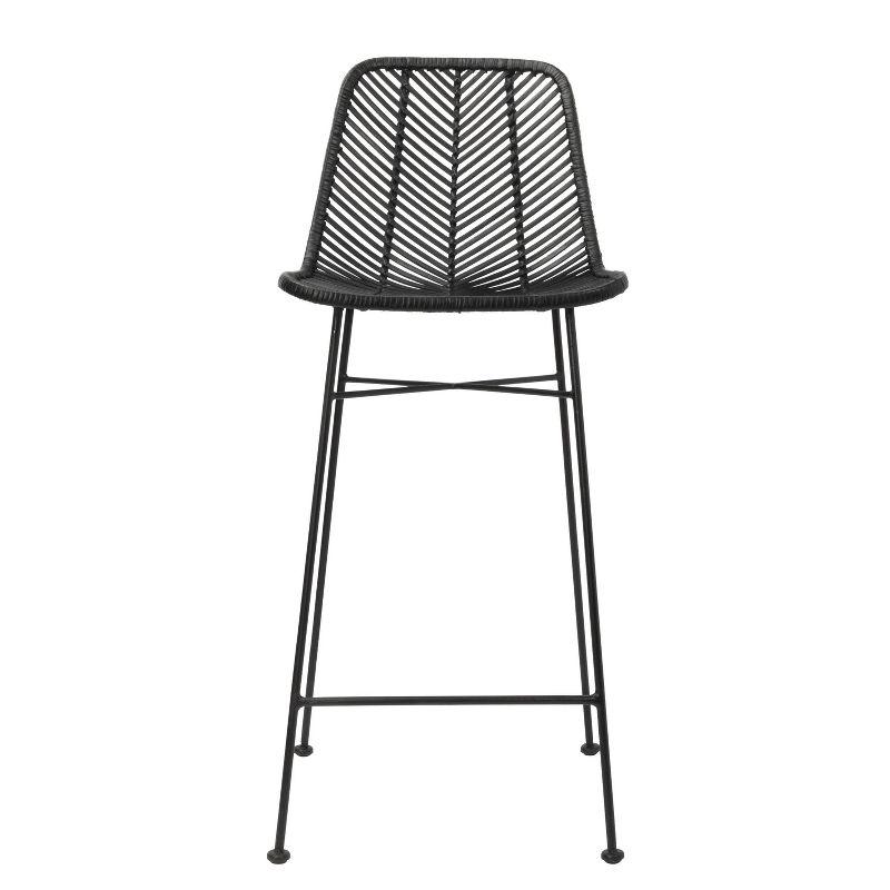 Storied Home Rattan Bar Stool Black: Wrought Iron Frame, Fixed Height, Spot Clean, Adult Use