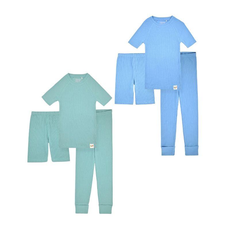 Sleep On It 100% Organic Cotton Rib Knit Snug-Fit 6-Piece Pajama Sets for Boys & Girls, Green & Light Blue Size 5