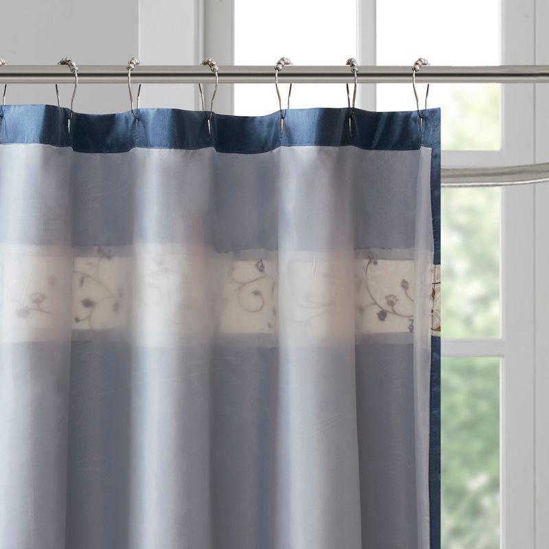 Monroe Embroidered Floral Shower Curtain Navy - Madison Park: 100% Polyester, Faux Silk, Machine Washable