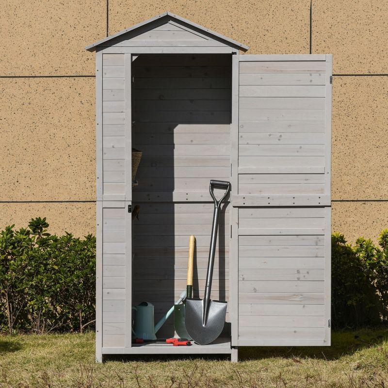 Outsunny 35.5" x 24.75" x 78.75" Wooden Storage Shed Cabinet, Outdoor Tool Shed Organizer with 3 Shelves Handle Magnetic Latch Foot Pad, Light Gray