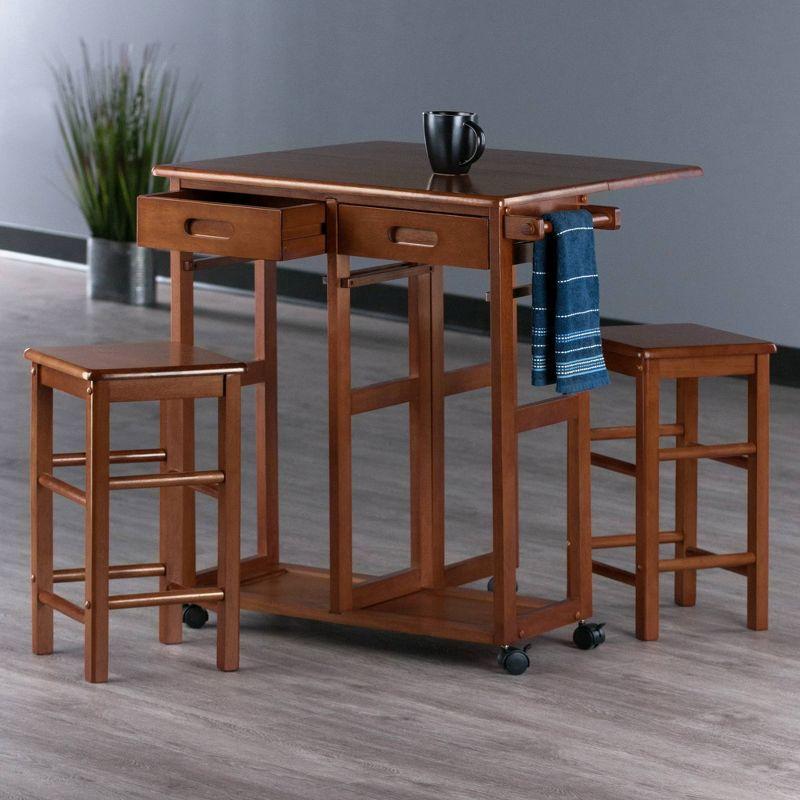 3pc Suzanne Space Saver Drop Leaf Dining Set Teak - Winsome: Compact, Storage Drawers & 2 Stools