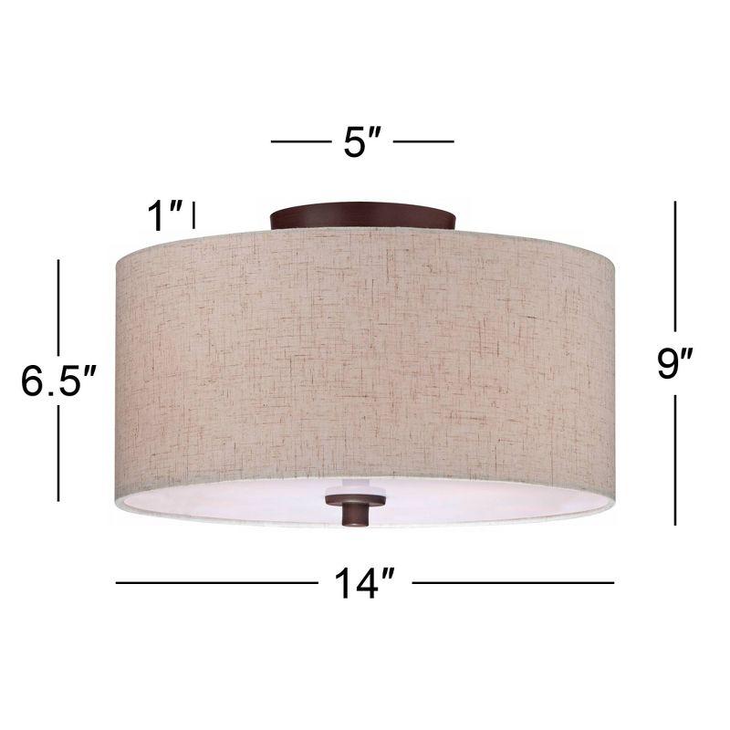 Regency Hill Sylvan Modern Ceiling Light Semi Flush Mount Fixture 14" Wide Bronze 3-Light Oatmeal Fabric Drum Shade for Bedroom Kitchen Living Room