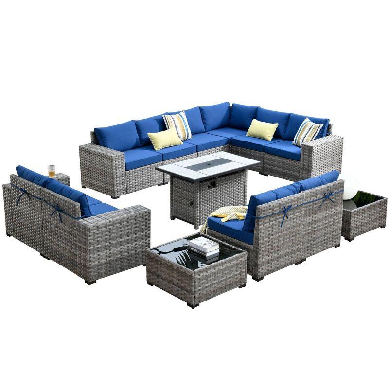 Marlton 13-Piece Gray Wicker Outdoor Sofa Set with Fire Pit