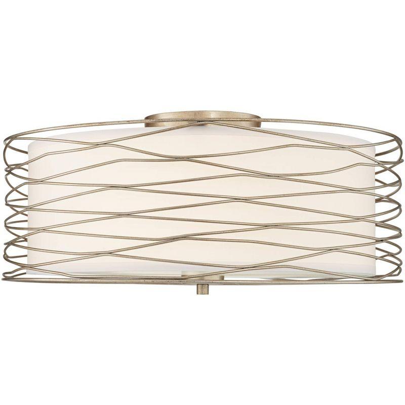 Possini Euro Design Modern Ceiling Light Flush Mount Fixture Antique Silver Leaf 18" Wide Wavy Spun White Drum for Bedroom Kitchen