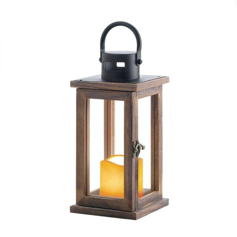 7.1" Wood Lodge Outdoor Lantern with LED Candle Brown - Zingz & Thingz: Indoor/Outdoor Votive Holder, Tabletop Display