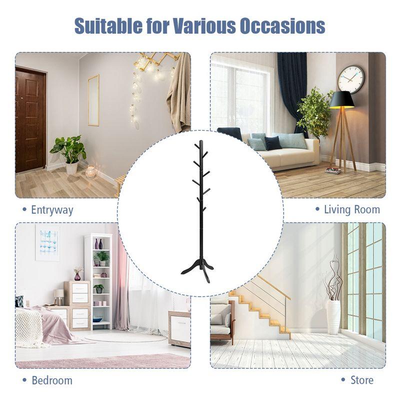 Costway Wooden Coat Rack Stand Entryway Hall Tree 2 Adjustable Height w/ 8 Hooks Gray\Brown