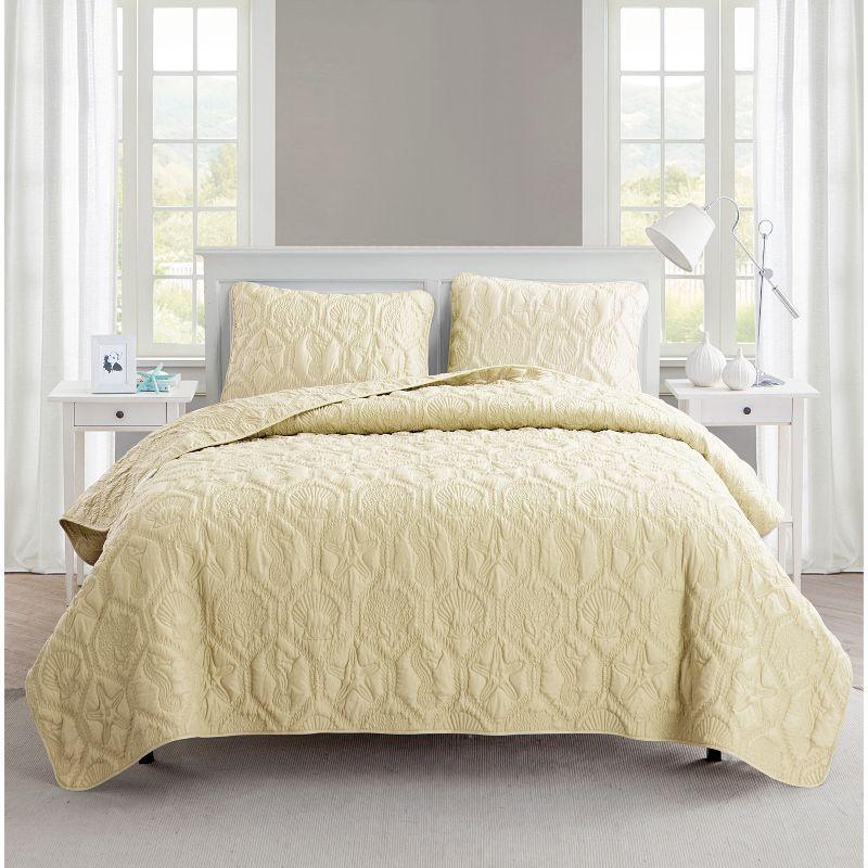 Tan Microfiber Coastal Full Quilt Set with Embossed Sea Life Pattern