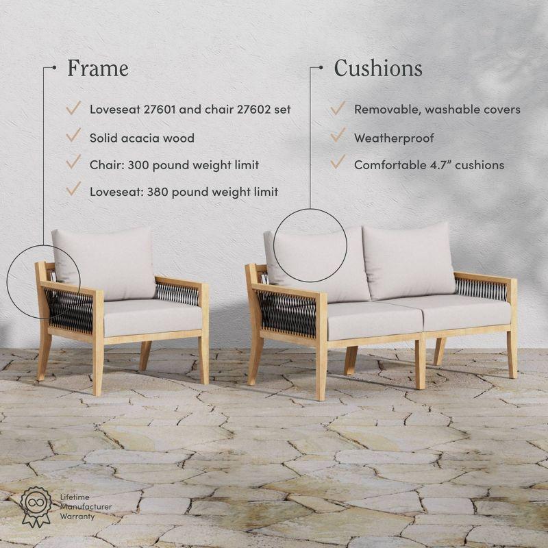 Nathan James 3pc Freya Bohemian Wood Outdoor Patio Conversation Set: Acacia Frame, UV-Resistant