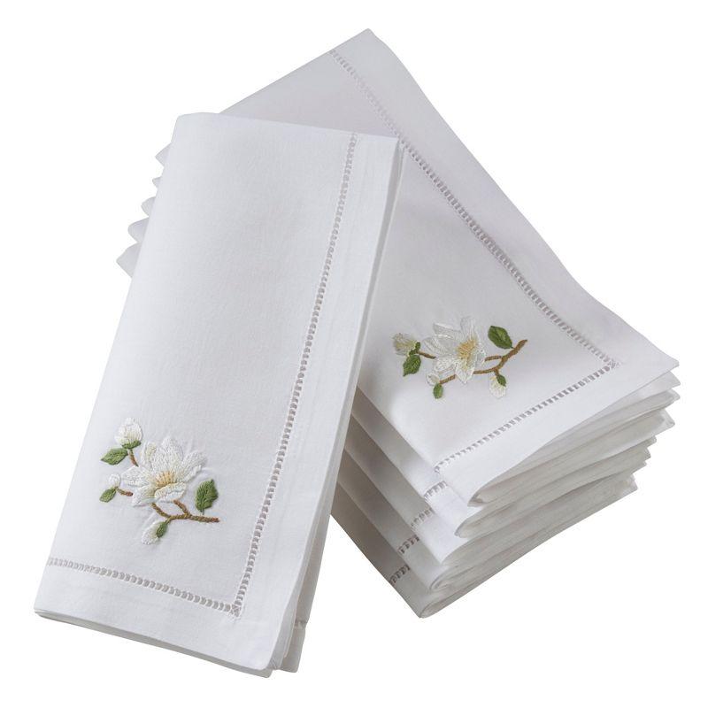 White Cotton Hemstitch Napkins with Embroidered Magnolia, 20" Square, Set of 6