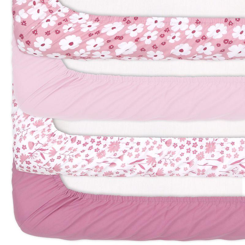 The Peanutshell Fitted Crib Sheet Set for Baby Girls, Daisy, 4 Pack | Pink, Mauve