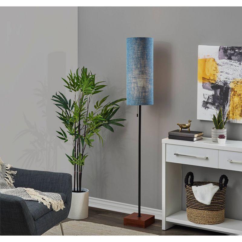 Walnut and Textured Blue Modern Floor Lamp with Fabric Shade