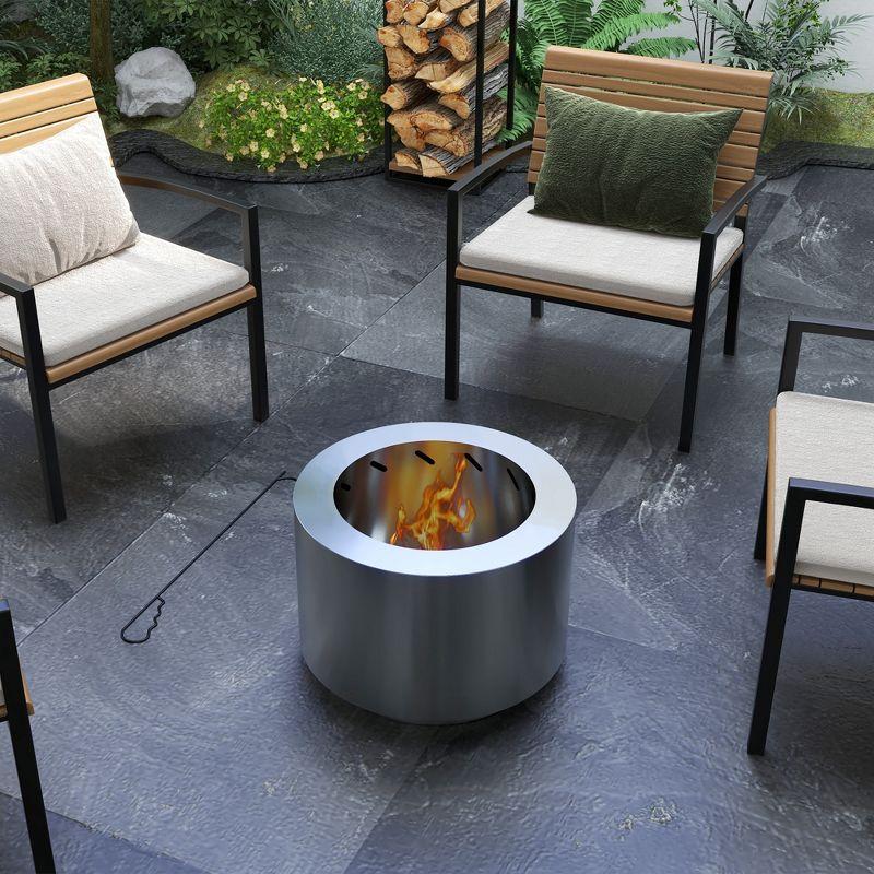 Outsunny Smokeless Fire Pit, 19" Wood Burning Firepit with Poker, Stainless Steel, Silver