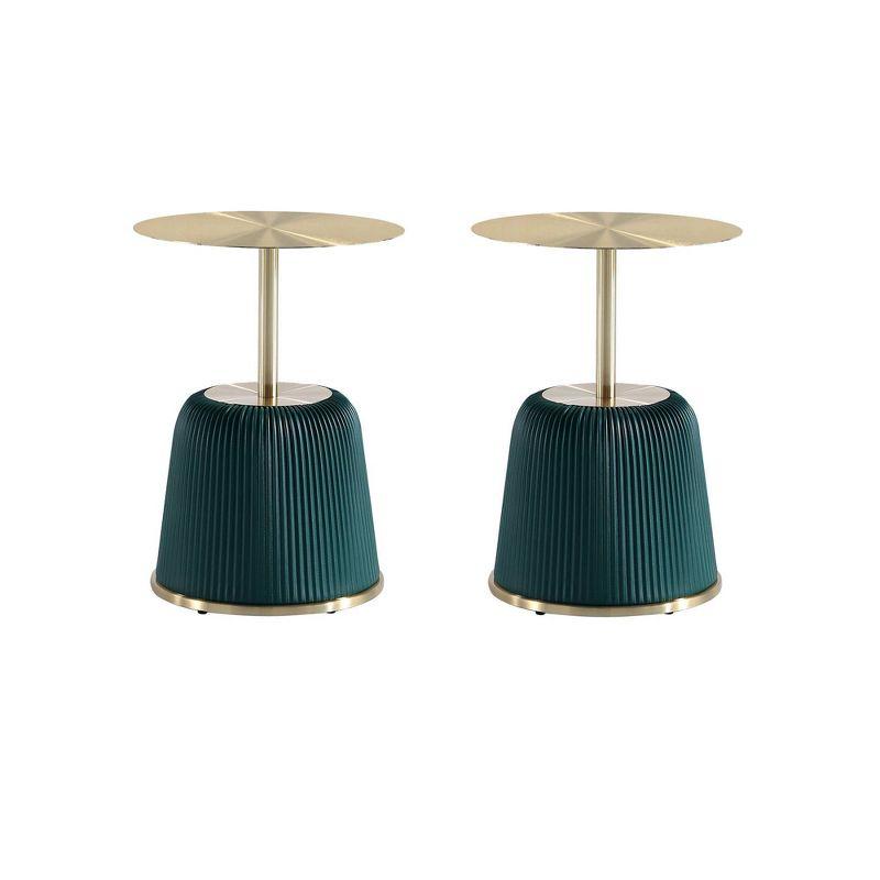 Manhattan Comfort Set of 2 Anderson Leatherette Upholstered End Tables with Gold Tabletop Green: Round, No Assembly, Stainless Steel Frame
