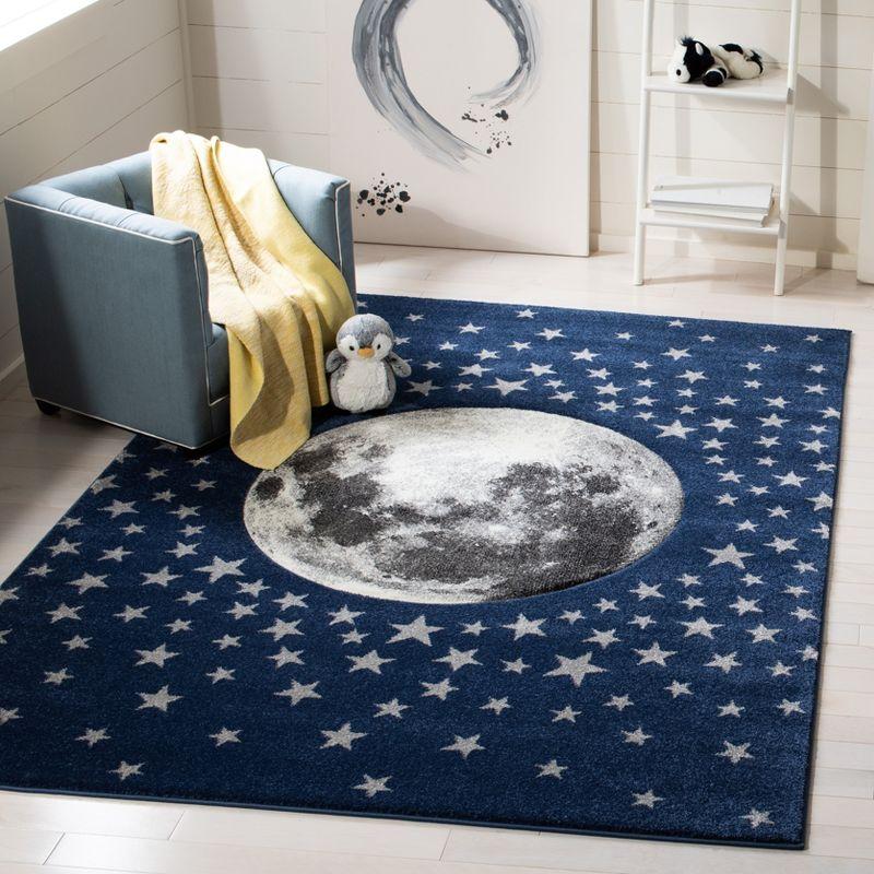 Starry Night Synthetic Round Kids Rug in Navy & Gray - Non-Slip and Stain-Resistant